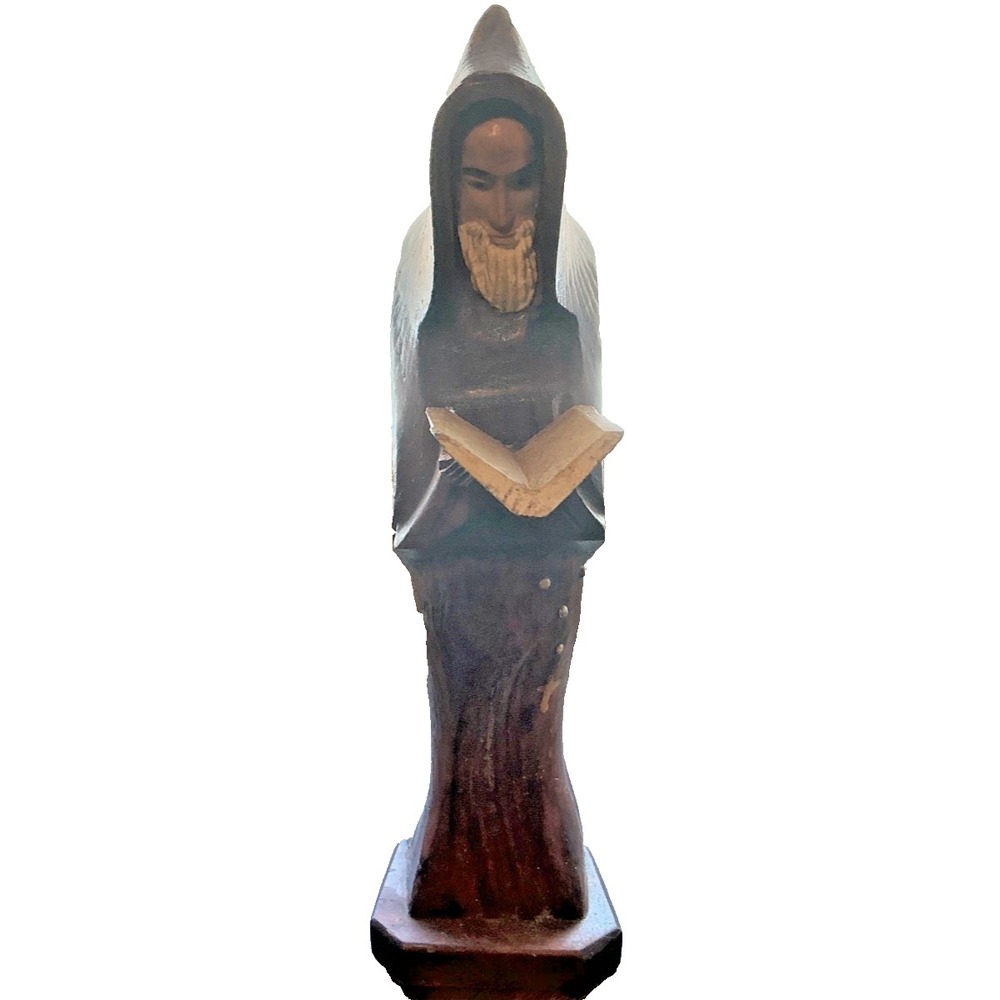 Vintage Wooden Hand Carved 11.5" Religious Reading Monk w/ Metal Accents
